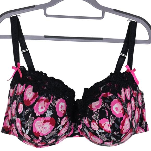 Cacique Pink Black Lace Floral Lightly Lined T-Shirt Underwire Bra 42DD - Picture 1 of 6